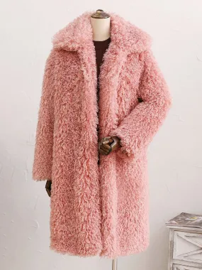 Pink Faux Fur Coat Turndown Collar Oversized Eco-friendly Full Length Coat